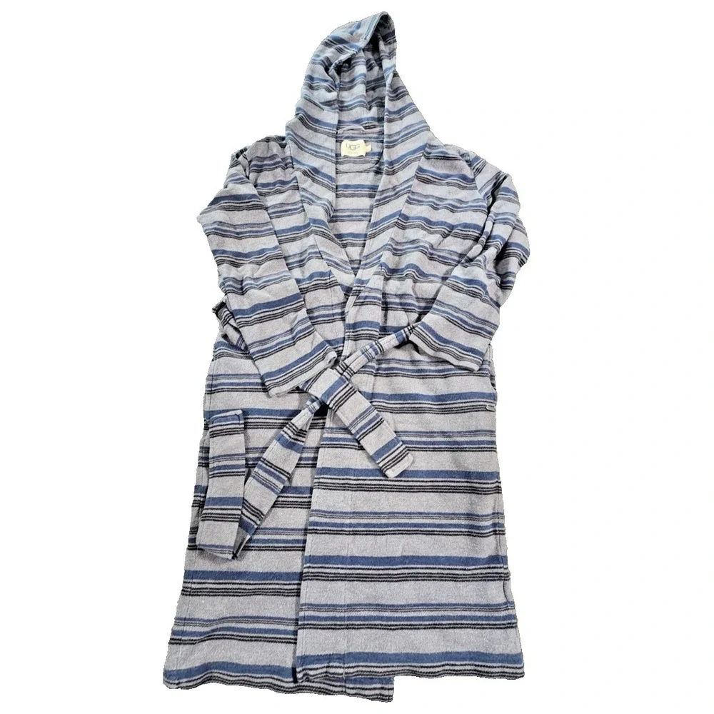 UGG For Men‎ Striped Hooded Robe Grey Blue Knit Loungewear Size Small